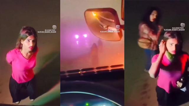 Sexy girl showing her pussy – to a truck driver on the road